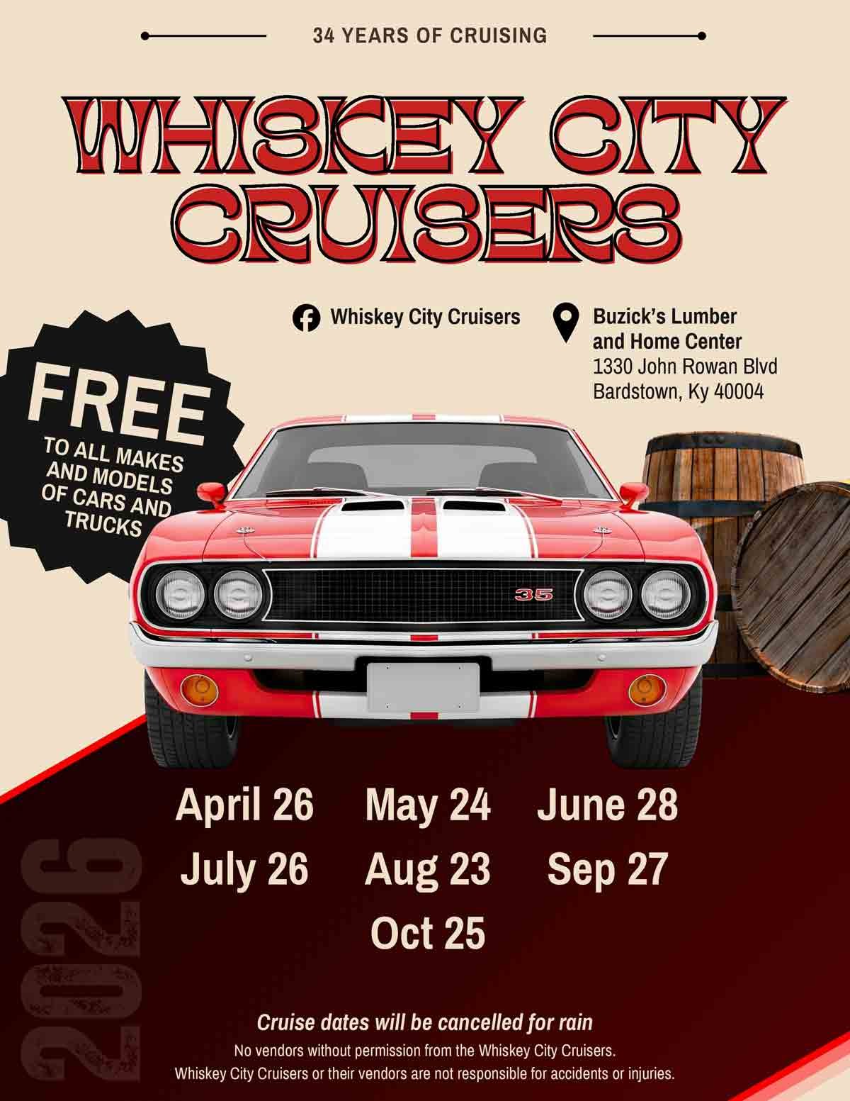 Whiskey City Cruisers free car cruise set for Sunday, July 26th